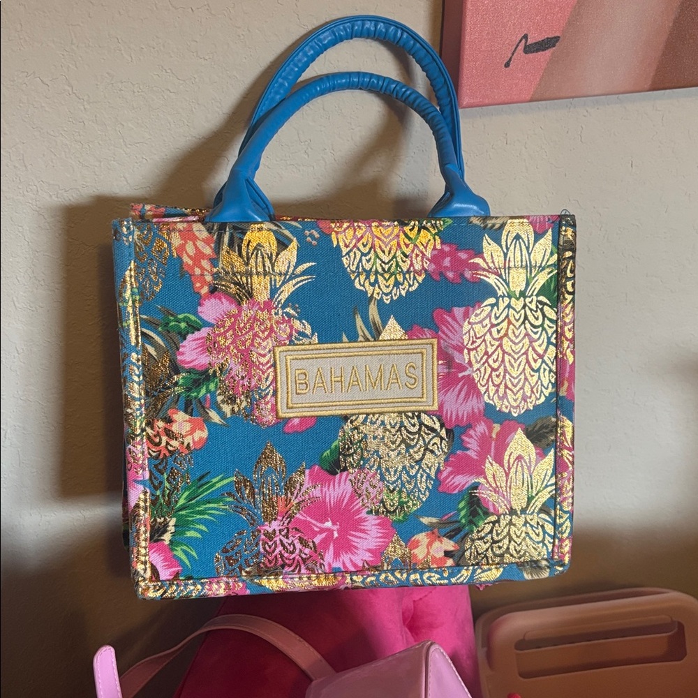 Colorful Bahamas Tote Bag with Blue Handles